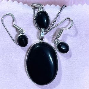 GORGEOUS GENUINE NATURAL BLACK ONXY GEMSTONE STERLING SILVER NECKLACE EARRINGS
